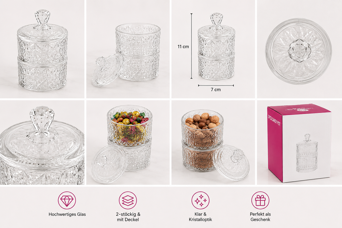 2-stöckige Glas Bonboniere mit Deckel – Kristalloptik Aufbewahrungsdose für Süßigkeiten, Nüsse & Schmuck