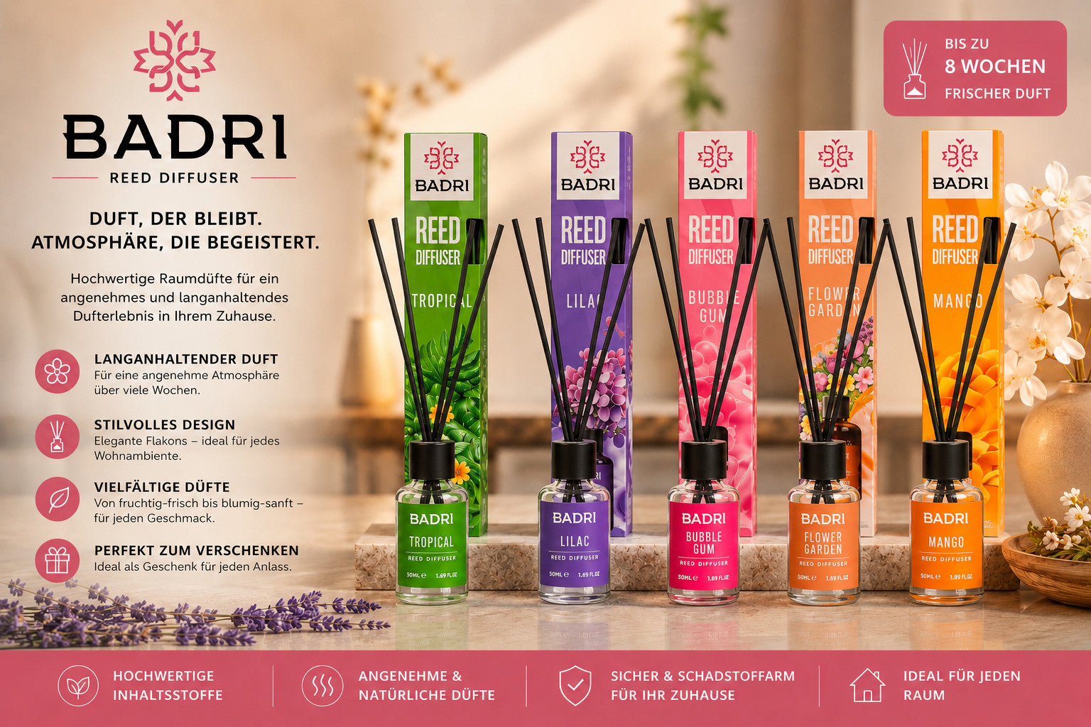 Reed Diffuser 50&100 ml Raumduft mit stäbchen Lufterfrischer Verschiedene Düfte