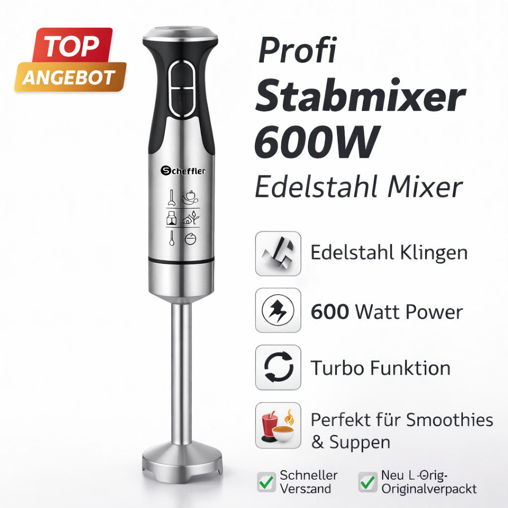 Stabmixer 600W Edelstahl Mixer Pürierstab Turbo Handmixer Smoothie Küche