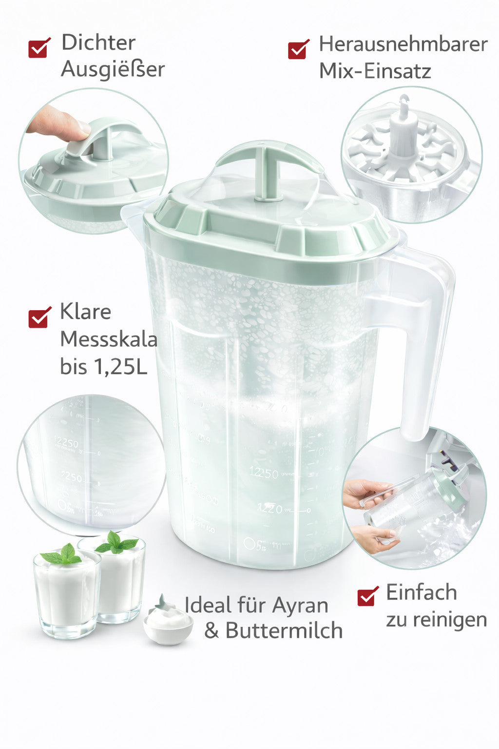 Joghurt Mixer / Yayık Sürahi 1,25 L Ayran Maker – mit Deckel, Griff AV-004