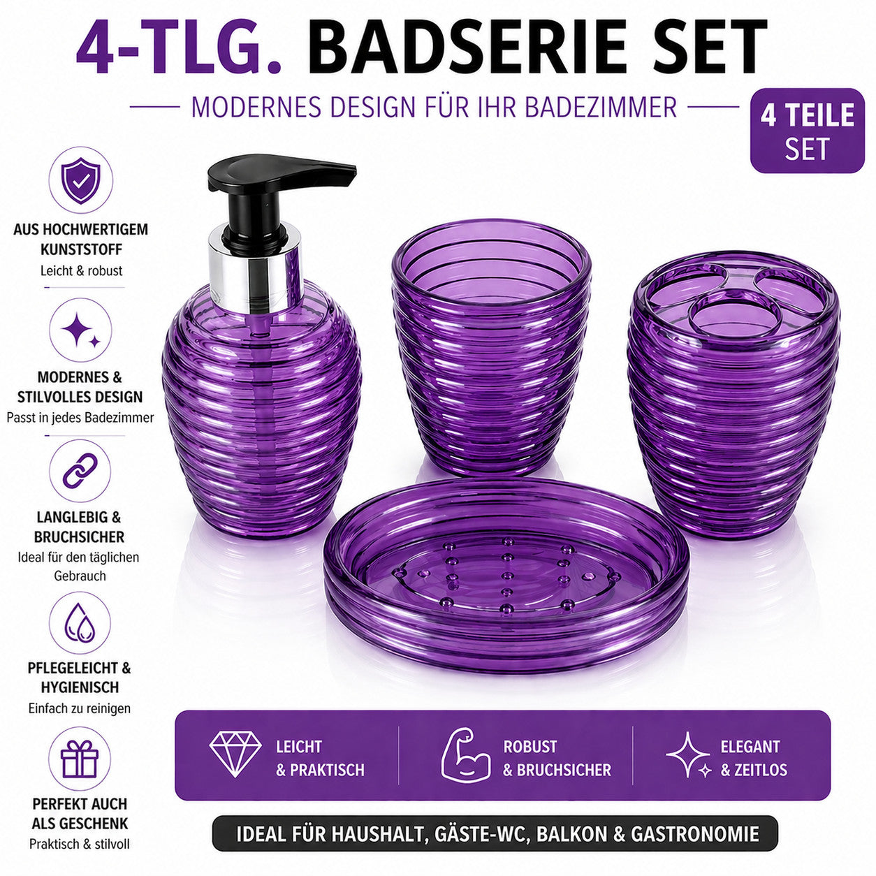 Badset 4 tlg Kunststoff Badezimmer Set Seifenspender Zahnputzbecher WC Zubehör