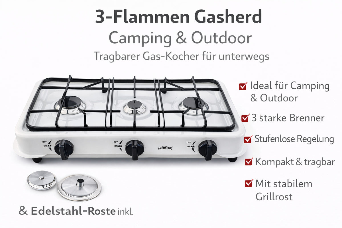 3-Flammen Gaskocher Camping Gasherd Outdoor Kocher tragbar Edelstahl AOTE-6003