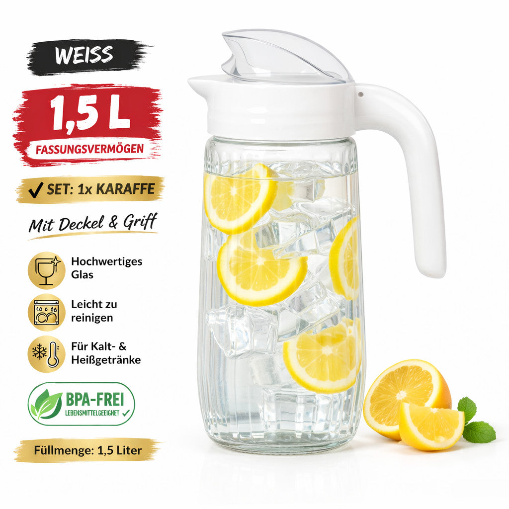 Glaskaraffe 1,5 L mit Deckel&Griff Schwarz/Weiß Wasserkanne Saftkanne Glas