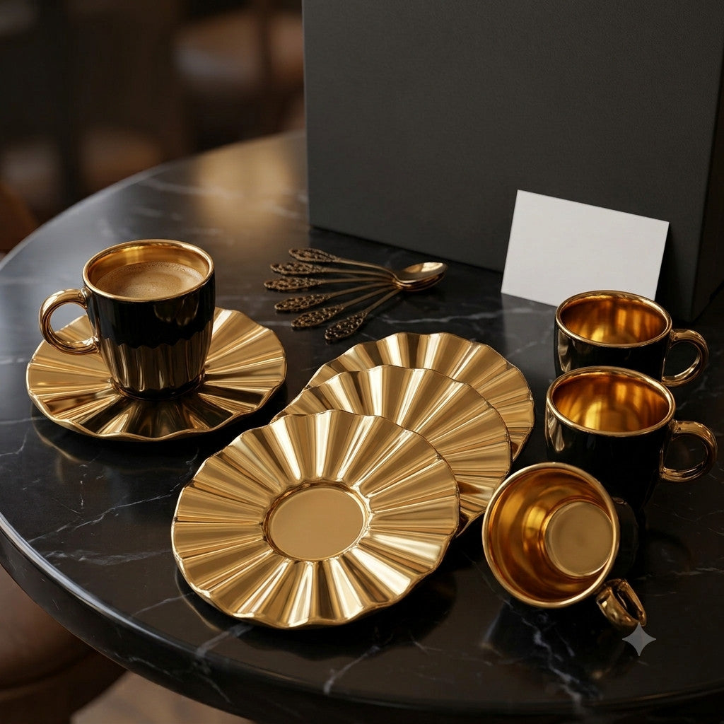 Espresso-Set Premium 6-teilig Gold & Schwarz Kaffetassen & Untertassen Set