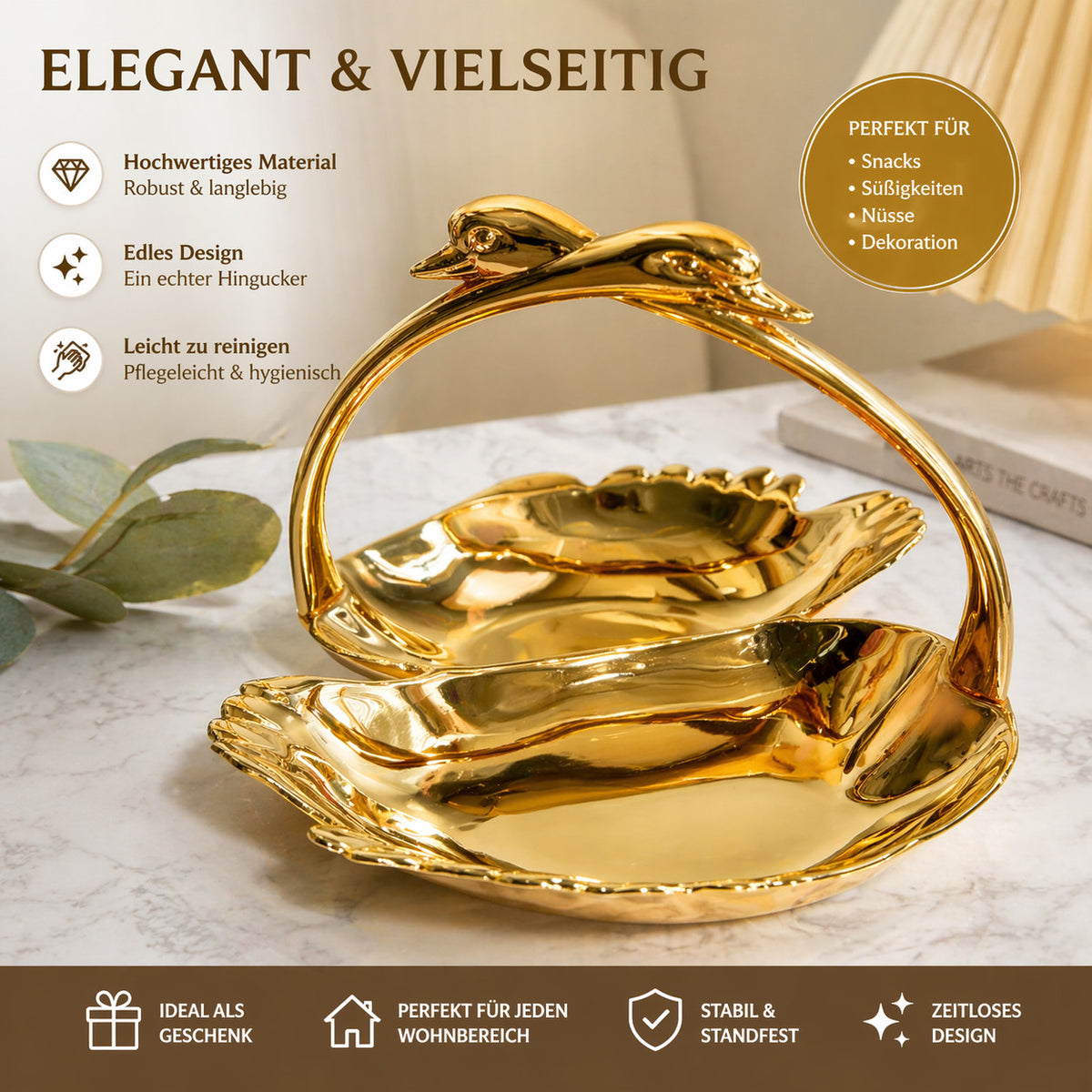 Servierschale mit Griff Gold/Silber Snackschale Süßigkeiten Schale Deko Schwan