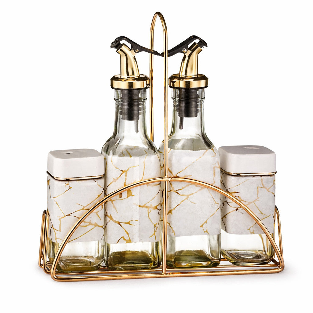 Gewürzständer Set 5-teilig Öl Essig Spender Gewürzstreuer Marmor Design