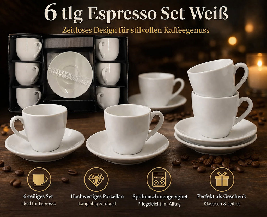Kaffeetassen Set 6-tlg Groß Rund Weiß Porzellan Tassen Set Groß mit Unterteller