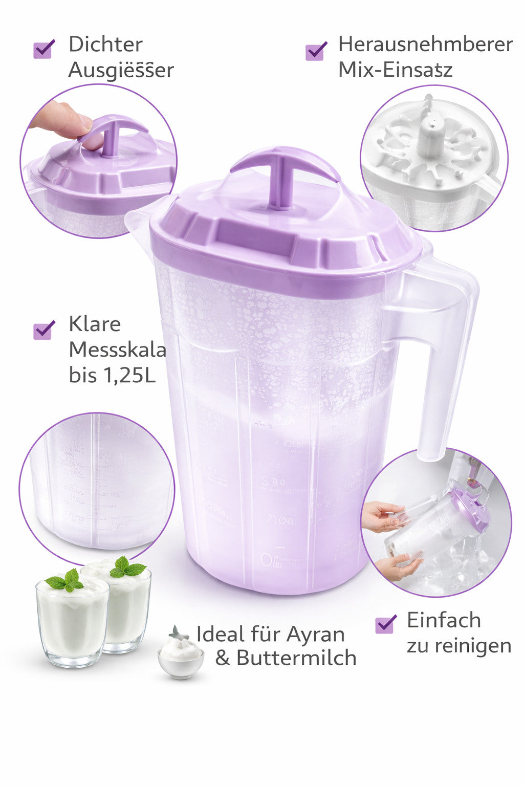 Joghurt Mixer / Yayık Sürahi 1,25 L Ayran Maker – mit Deckel, Griff AV-004