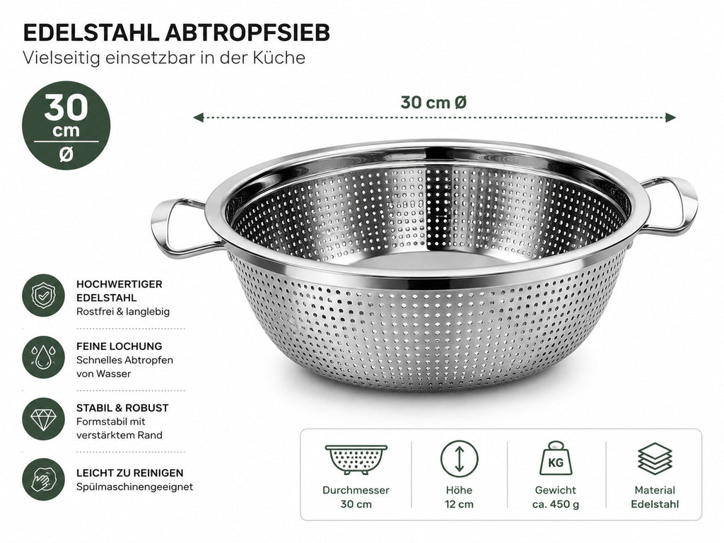Abtropfsieb Edelstahl 30 - 34 cm Küchensieb mit Griffen, Rostfrei, Feine Lochung