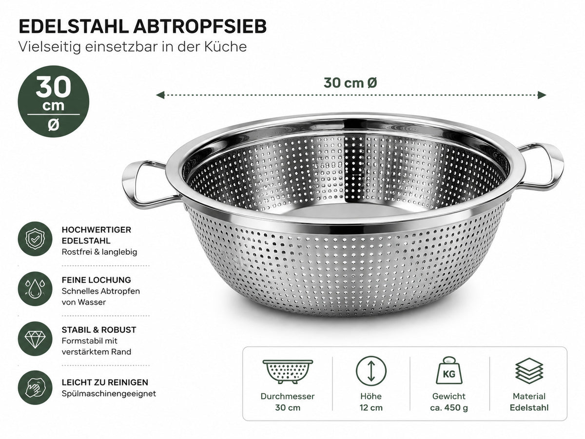 Abtropfsieb Edelstahl 30 - 34 cm Küchensieb mit Griffen, Rostfrei, Feine Lochung