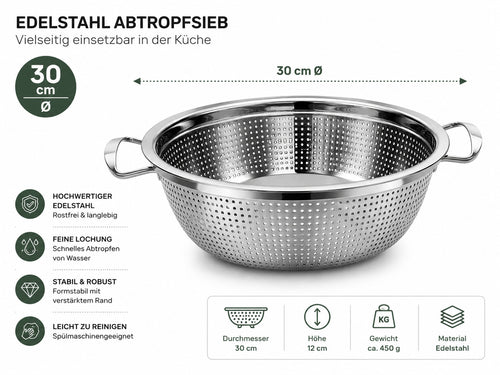 Abtropfsieb Edelstahl 30 - 34 cm Küchensieb mit Griffen, Rostfrei, Feine Lochung