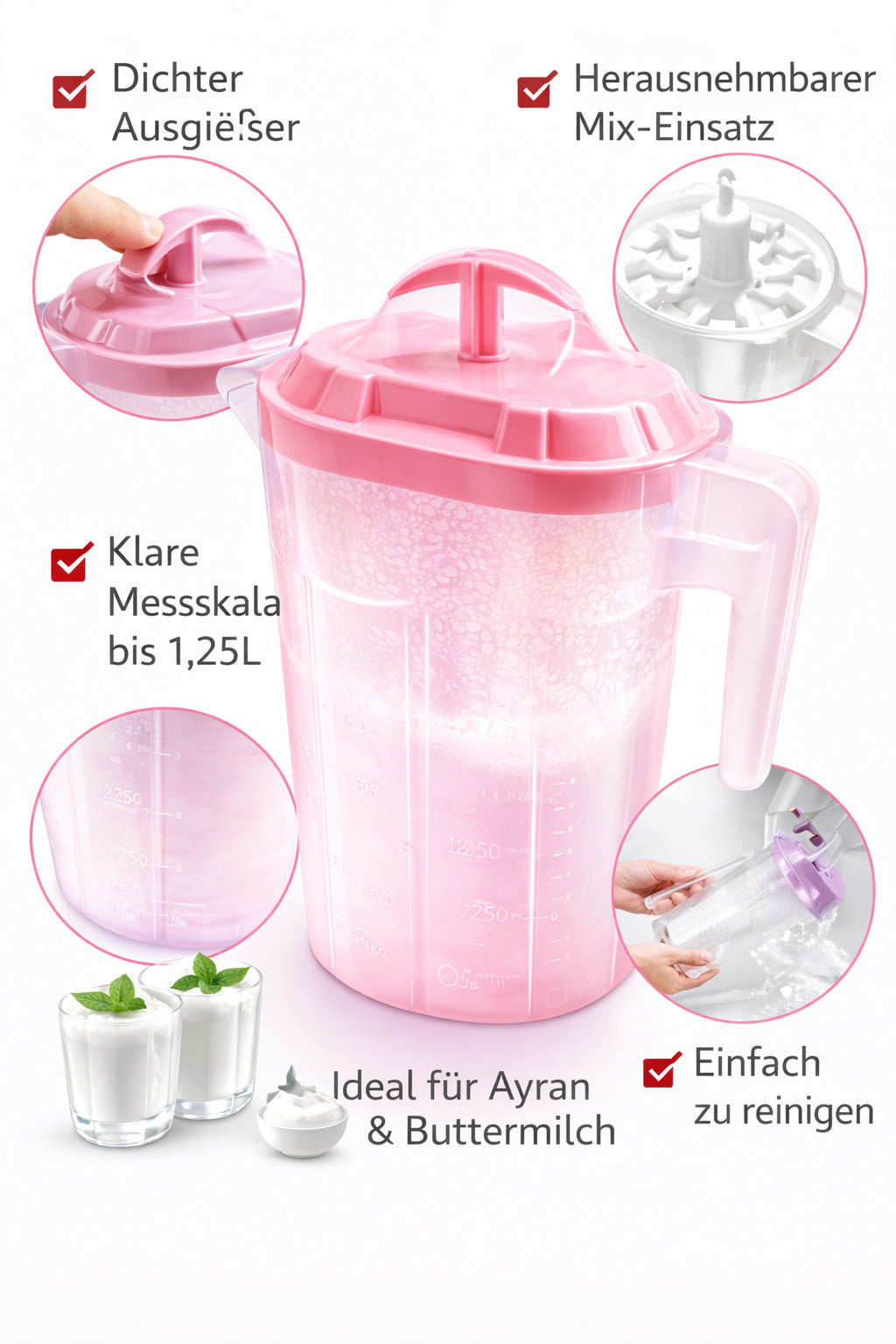 Joghurt Mixer / Yayık Sürahi 1,25 L Ayran Maker – mit Deckel, Griff AV-004