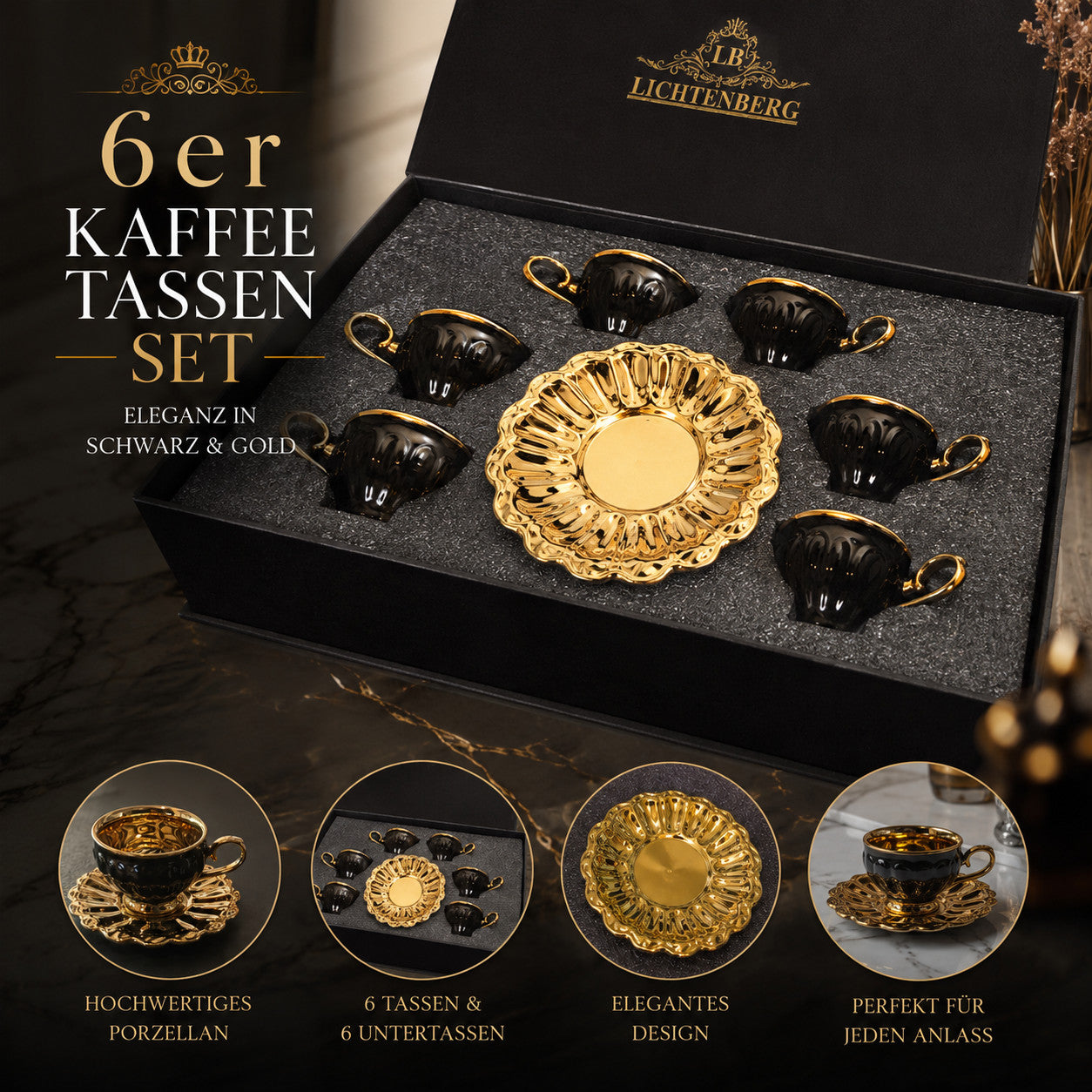 Kaffeetassen Mokka Set 6er mit Untertassen Porzellan Kaffeeservice 12-teilig