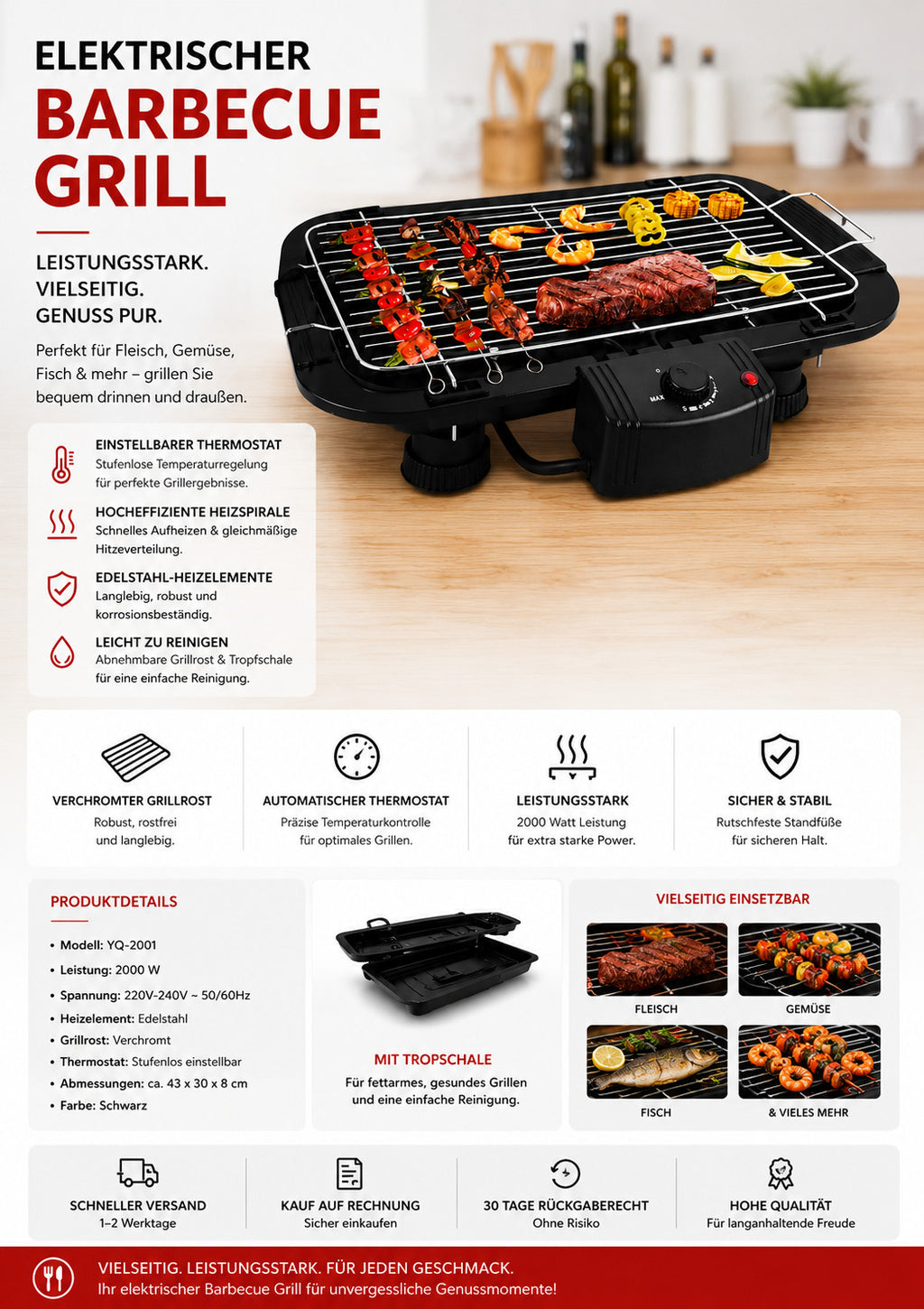 Elektrischer Barbecue Grill 2000W Thermostat Edelstahl-Heizelement Tischgrill