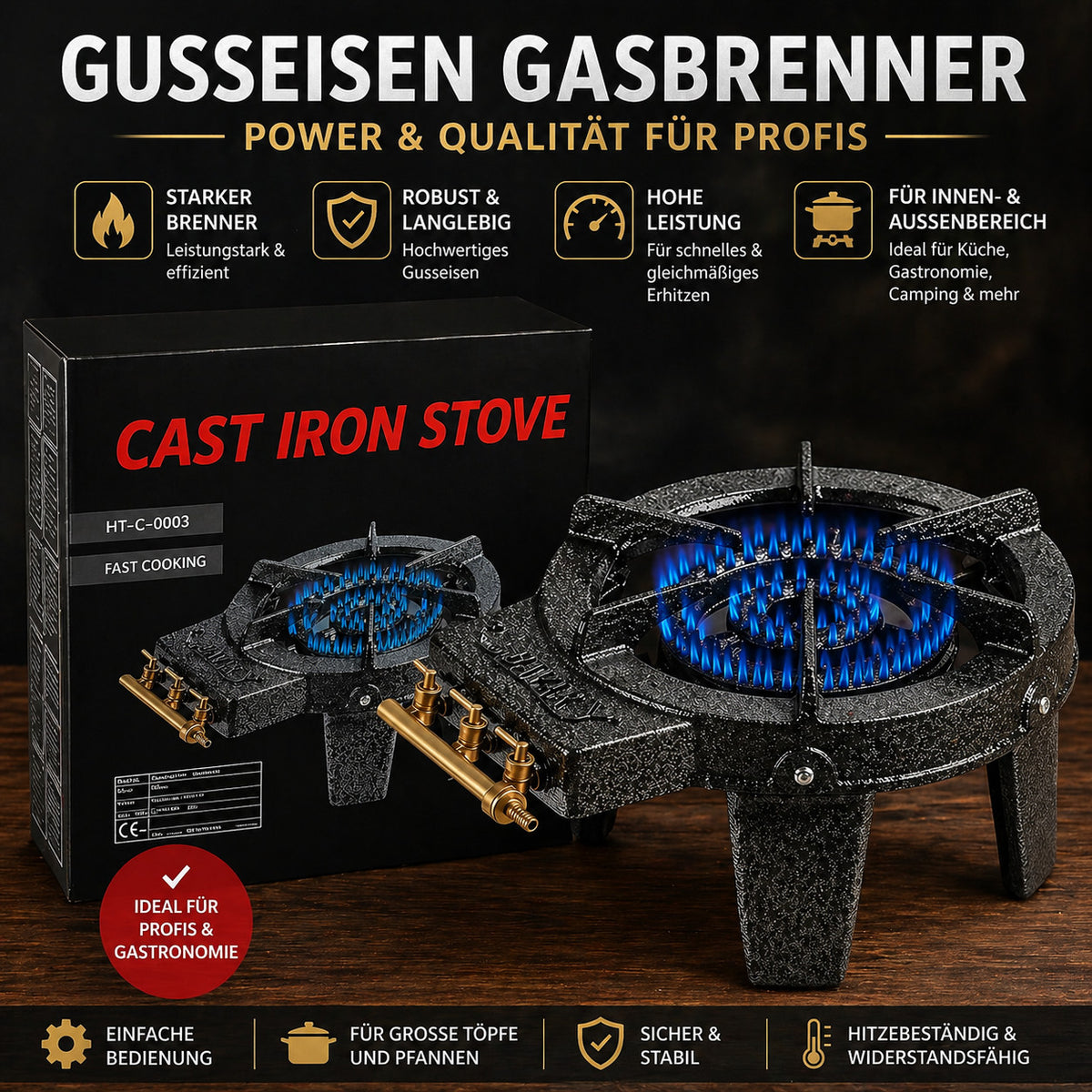 Gusseisen Gasbrenner 3-flammig Starkbrenner | Campingkocher Wokbrenner Gastro