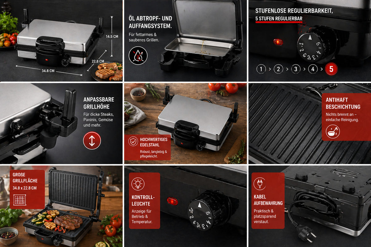 Kontaktgrill 2000W Edelstahl | Elektrogrill Antihaft BBQ Grill Panini Grill