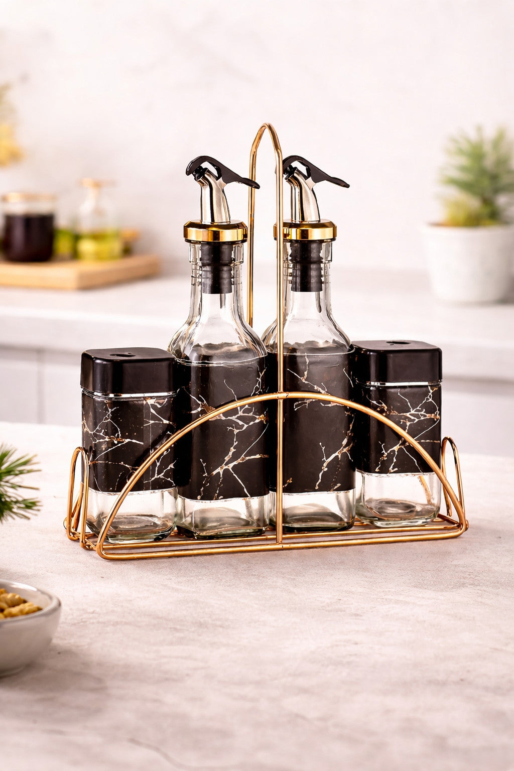 Gewürzständer Set 5-teilig Öl Essig Spender Gewürzstreuer Marmor Design