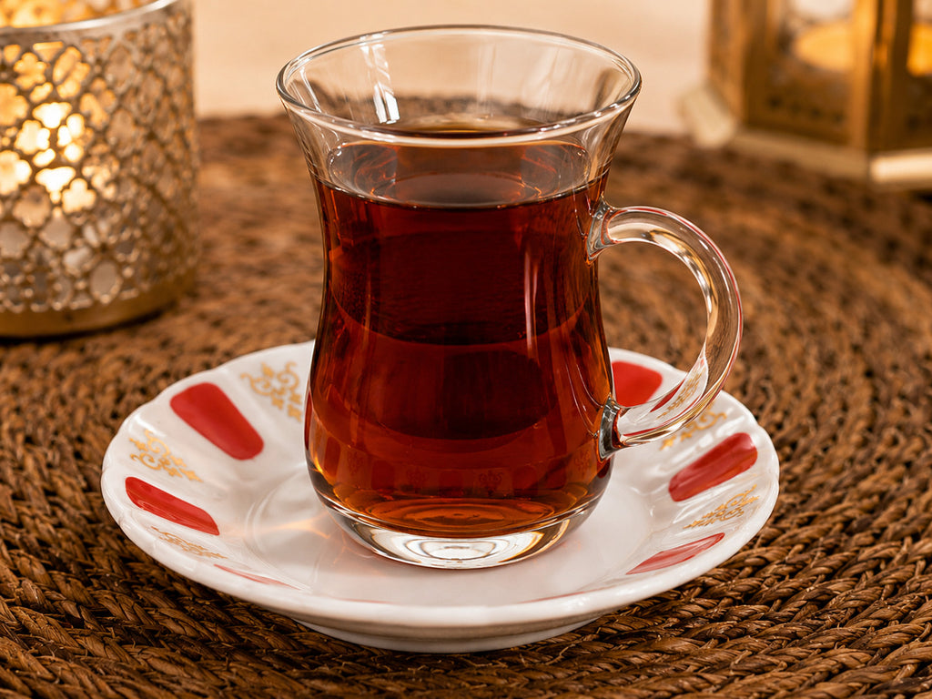 6er Set Porzellan Untertassen für Türkische Teegläser Ø 11 cm Teeteller Rot Gold