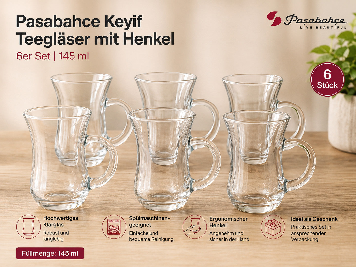 Pasabahce Keyif Teegläser mit Henkel 6er Set 145 ml Türkische Teegläser