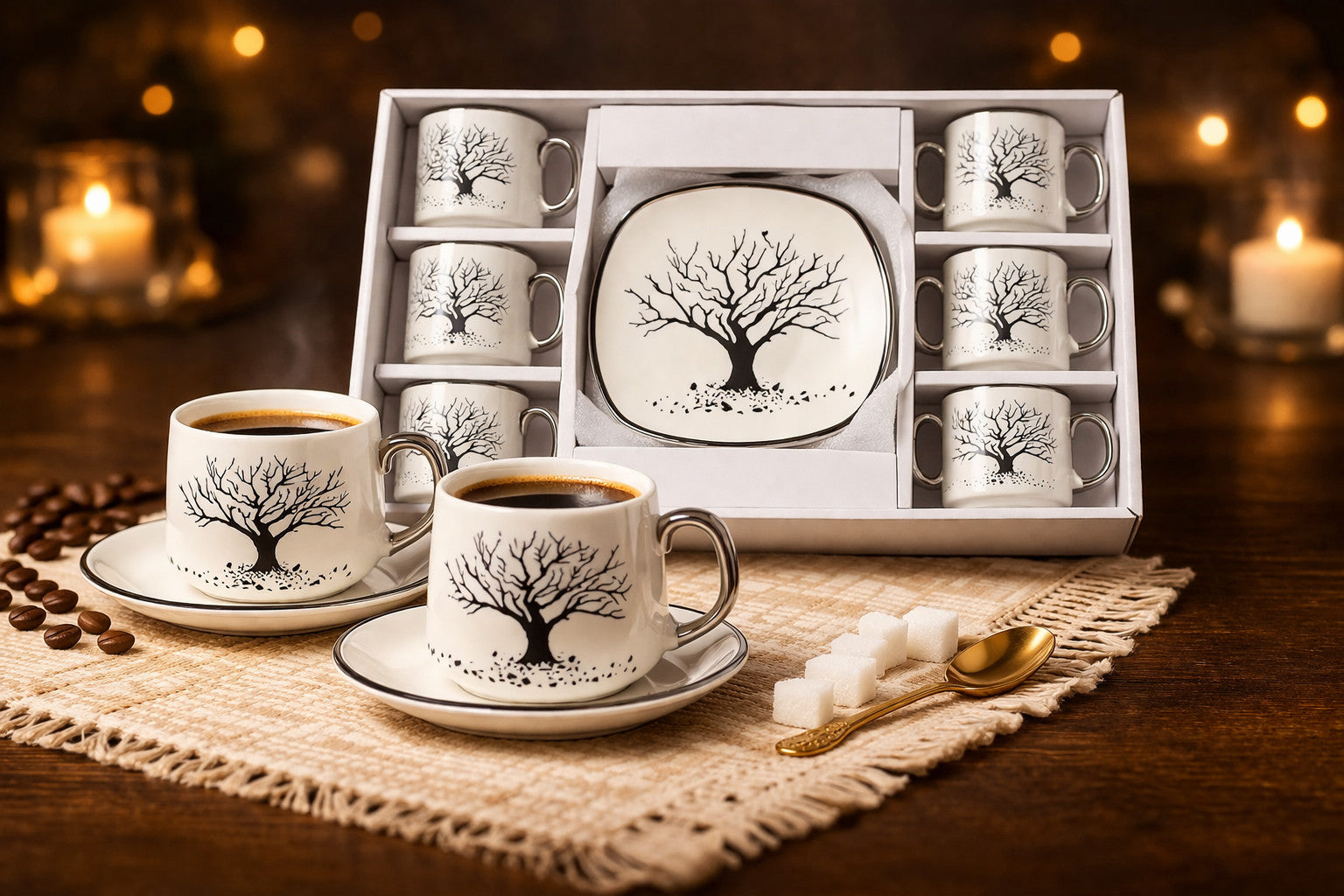 6 Tlg Kaffee Set Weiß mit Untertassen | Porzellan Tassen Set Modern & Elegant
