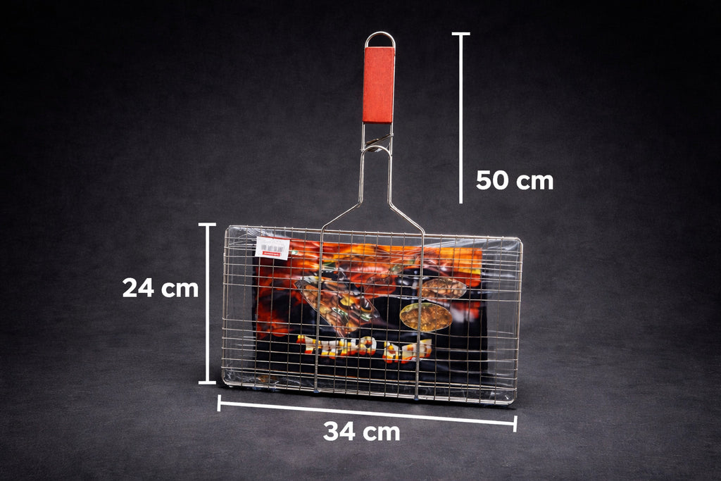 Doppel Grillkorb BBQ Edelstahl Mangal Teli Klein/Groß Fleisch mit Holzgriff