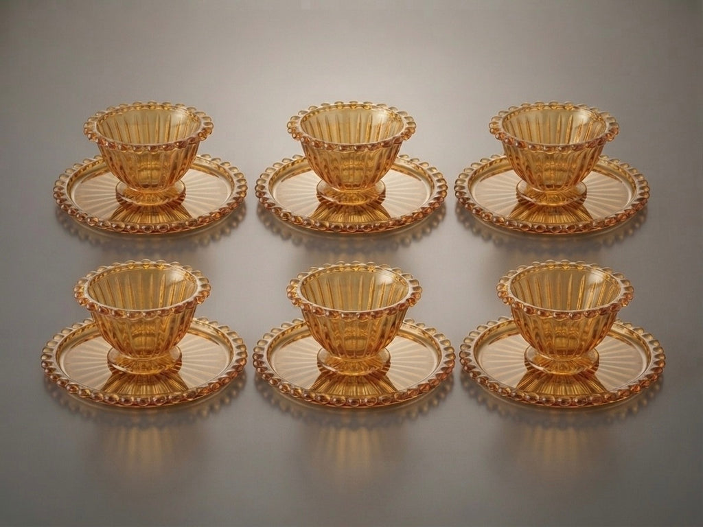 Servierschale Glas Schale perlrand vintage deko 6x Schüssel + 6x Untersetzer