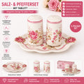 Salz & Pfeffer Set+Tablett 3 tlg Porzellan Gewürzstreuer Set Küche Rosen Designs