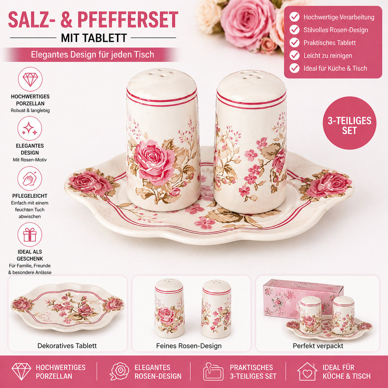 Salz & Pfeffer Set+Tablett 3 tlg Porzellan Gewürzstreuer Set Küche Rosen Designs