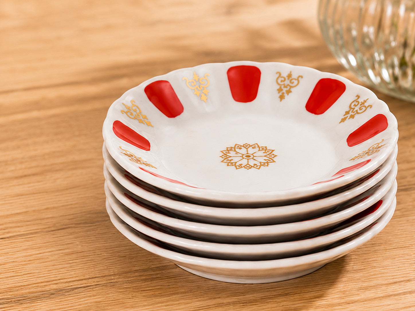 6er Set Porzellan Untertassen für Türkische Teegläser Ø 11 cm Teeteller Rot Gold