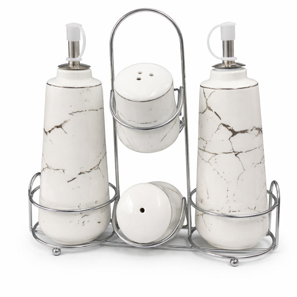 Öl & Essigspender Set - Marmor Design mit Salz & Pfeffer Streuer Ständer Set