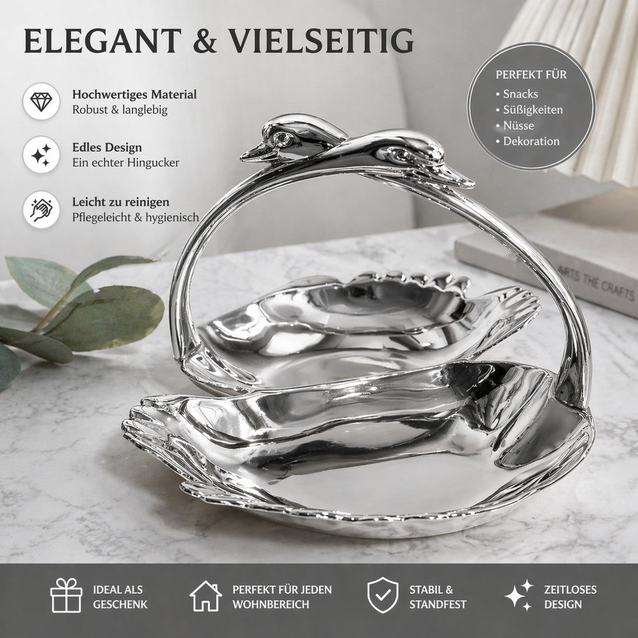 Servierschale mit Griff Gold/Silber Snackschale Süßigkeiten Schale Deko Schwan