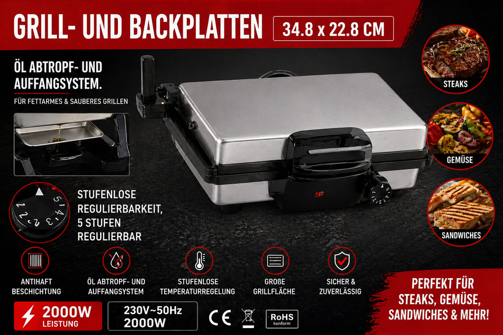 Kontaktgrill 2000W Edelstahl | Elektrogrill Antihaft BBQ Grill Panini Grill