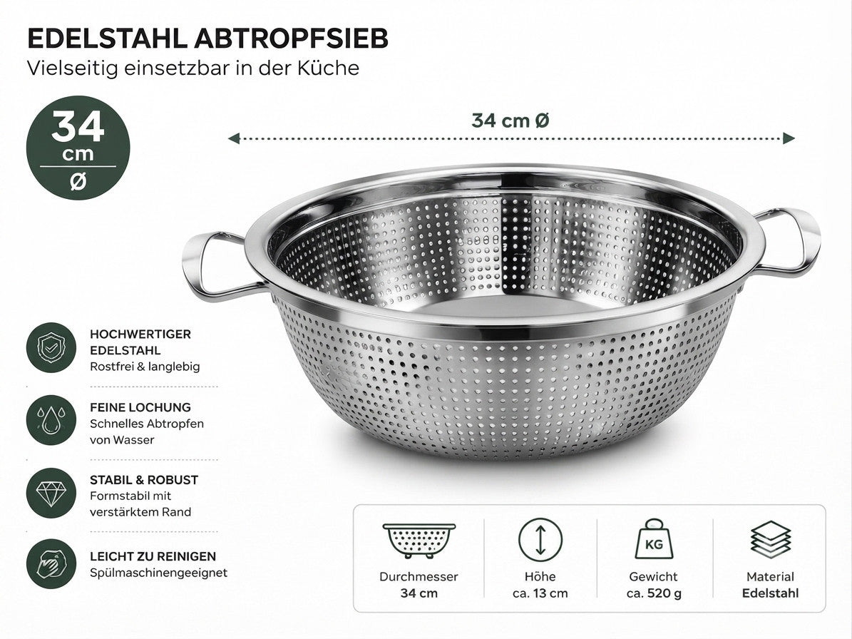 Abtropfsieb Edelstahl 30 - 34 cm Küchensieb mit Griffen, Rostfrei, Feine Lochung