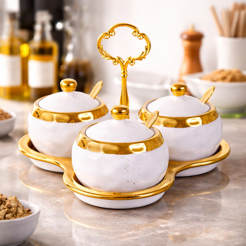 Marmeladen Set 3tlg Porzellan Gold/Silber + Löffel Gewürzbehälter Set Küche Deko
