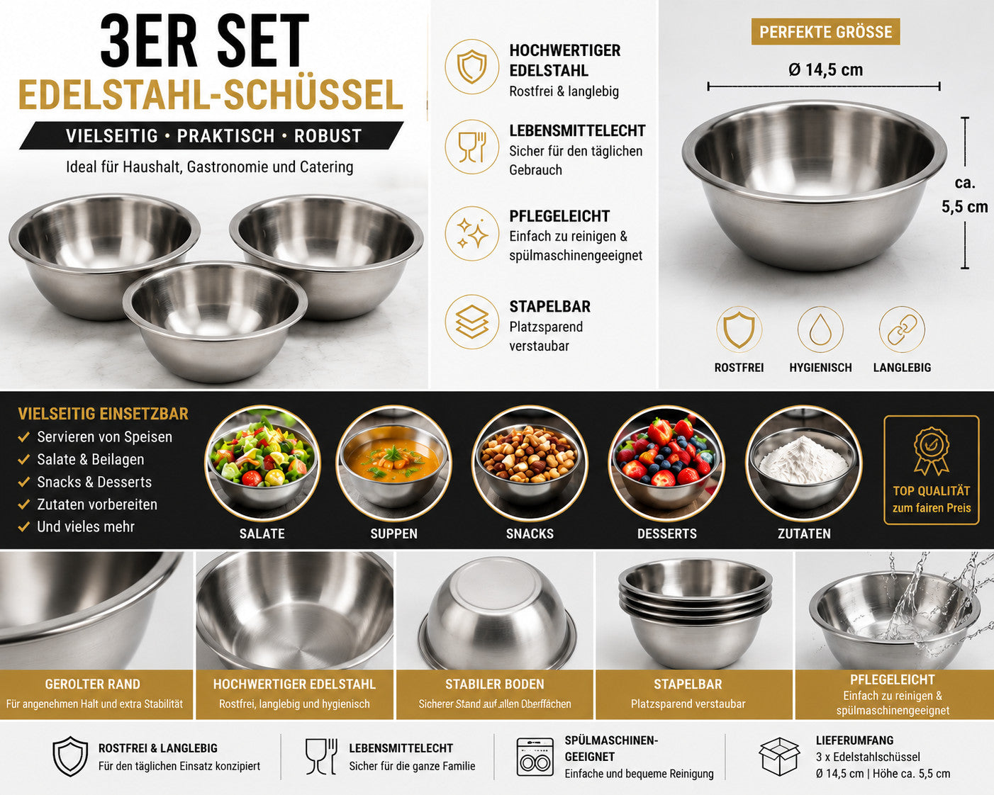 Edelstahlschüssel 14,5 cm Servierschüssel Salatschüssel Küchenschüssel Edelstahl