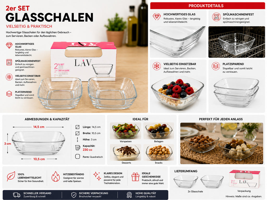 Glasschalen Snackschalen 2er Set 230ml Dessertschalen Servierschalen