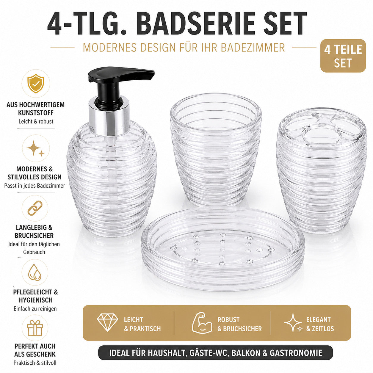 Badset 4 tlg Kunststoff Badezimmer Set Seifenspender Zahnputzbecher WC Zubehör