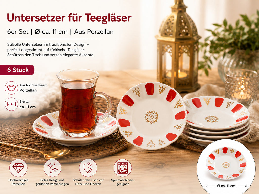 6er Set Porzellan Untertassen für Türkische Teegläser Ø 11 cm Teeteller Rot Gold
