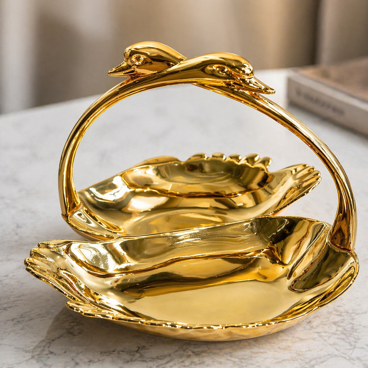 Servierschale mit Griff Gold/Silber Snackschale Süßigkeiten Schale Deko Schwan