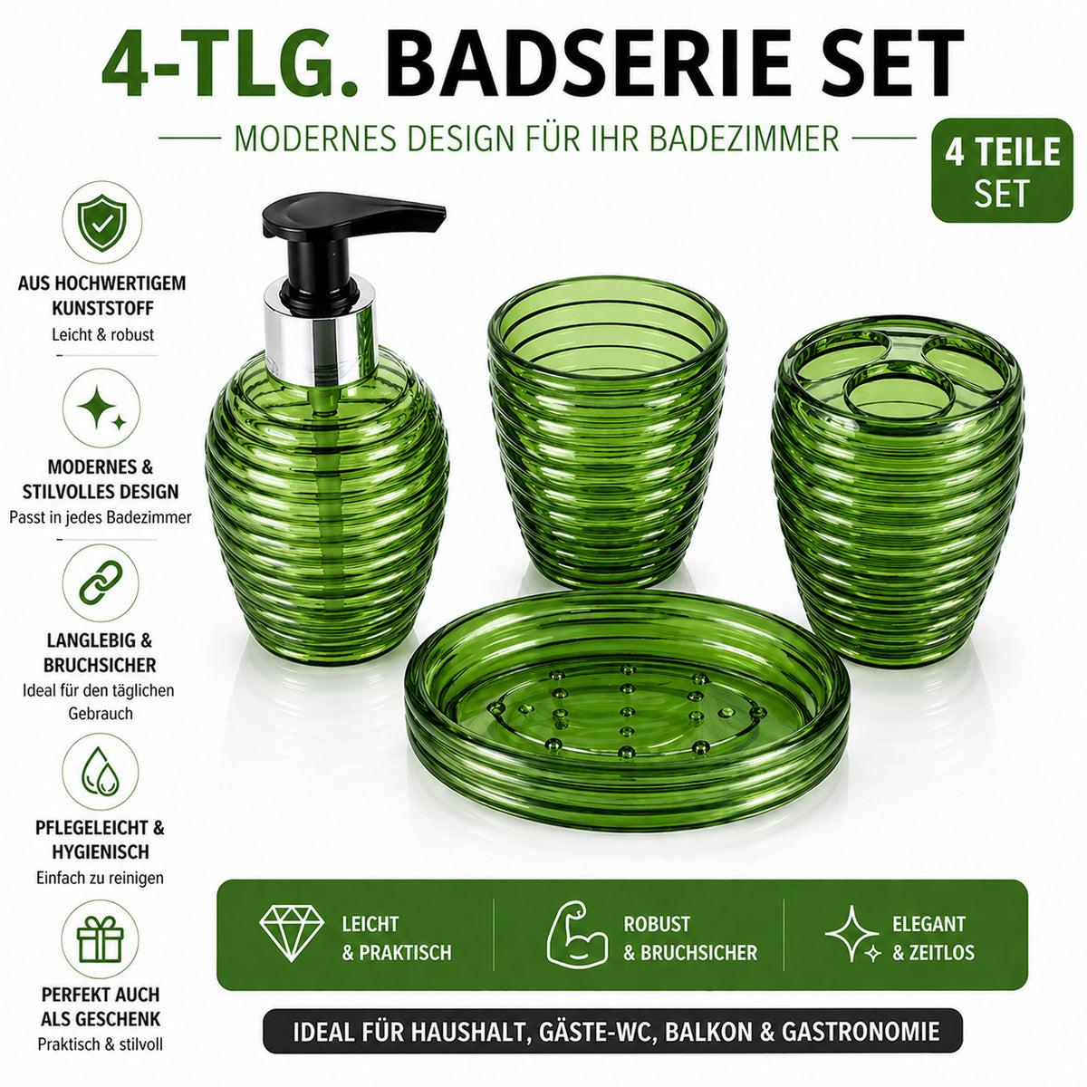 Badset 4 tlg Kunststoff Badezimmer Set Seifenspender Zahnputzbecher WC Zubehör
