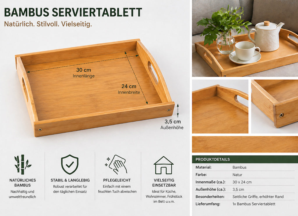 Bambus Serviertablett Set 2er – Groß & Klein Frühstückstablett Holz mit Griffen