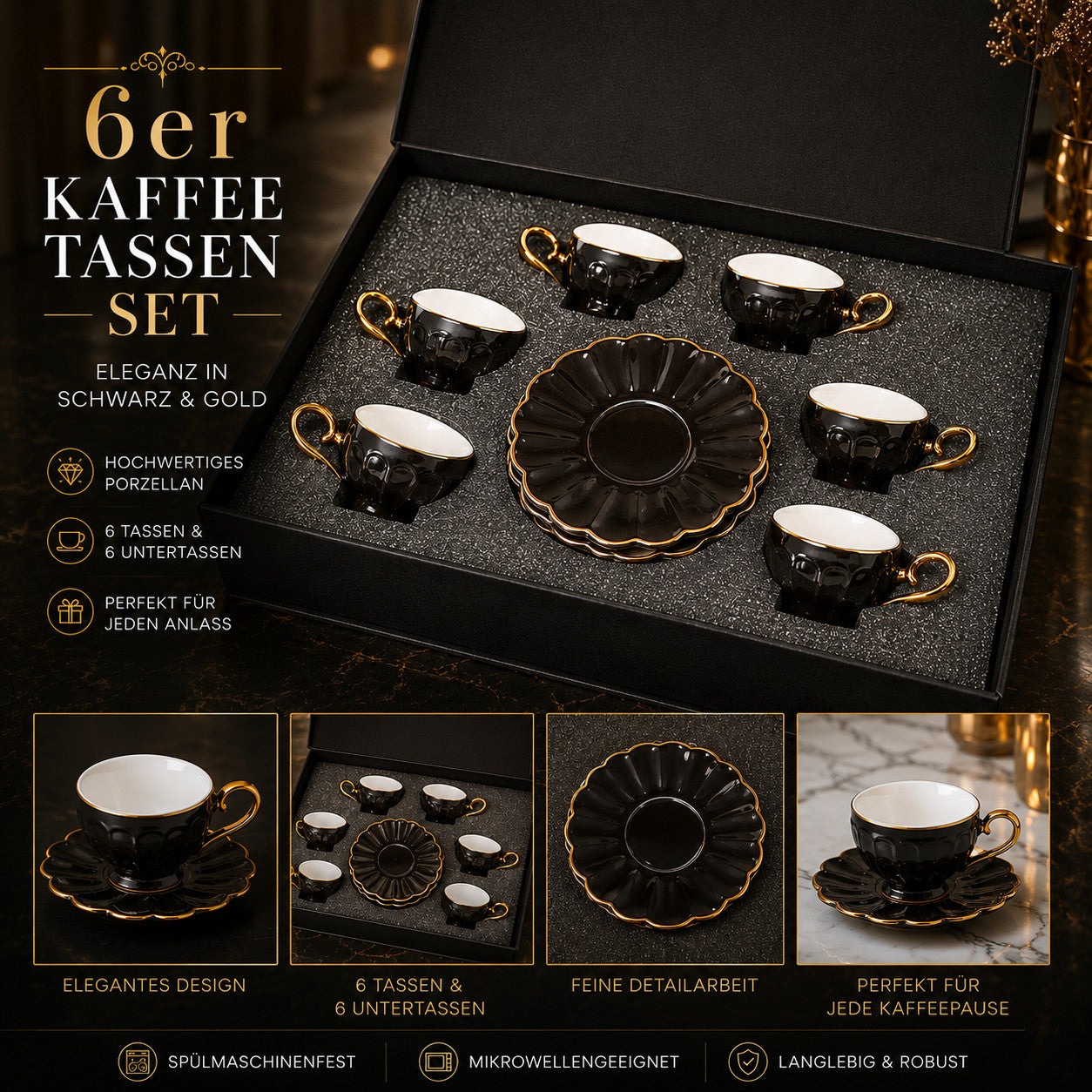 Kaffeetassen Mokka Set 6er mit Untertassen Porzellan Kaffeeservice 12-teilig