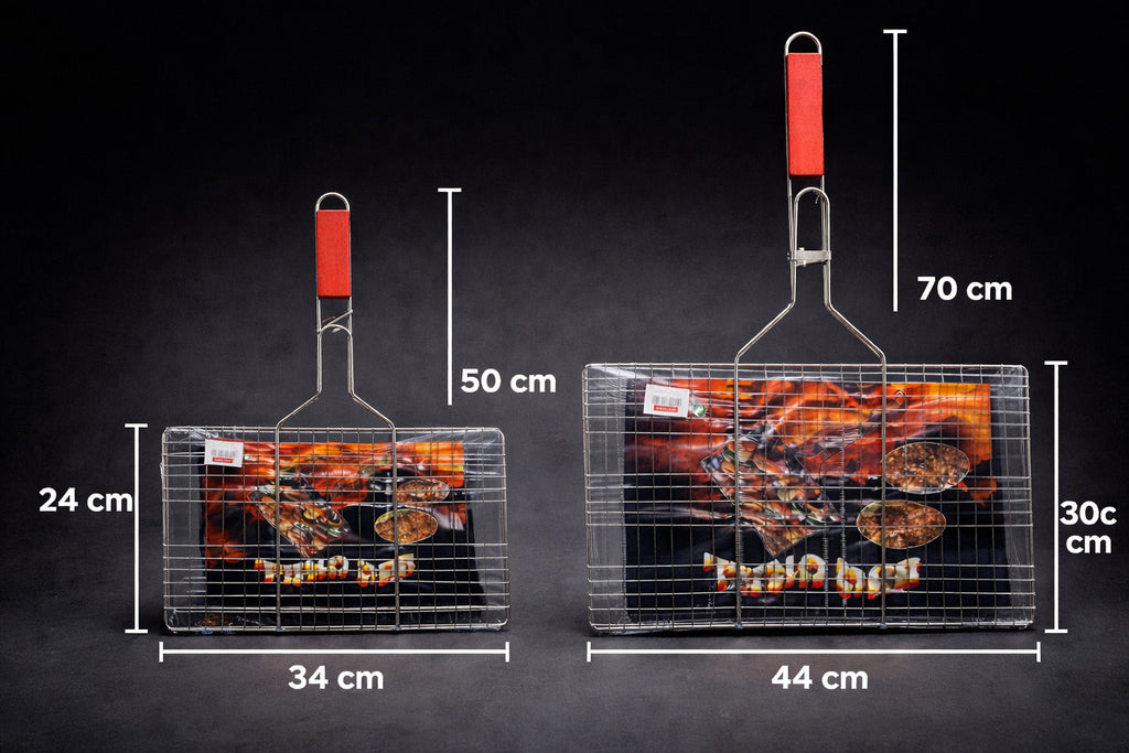 Doppel Grillkorb BBQ Edelstahl Mangal Teli Klein/Groß Fleisch mit Holzgriff