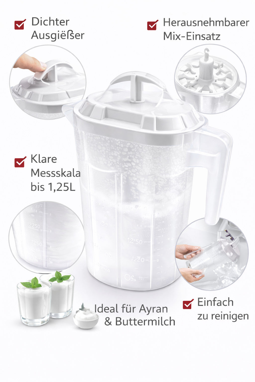 Joghurt Mixer / Yayık Sürahi 1,25 L Ayran Maker – mit Deckel, Griff AV-004