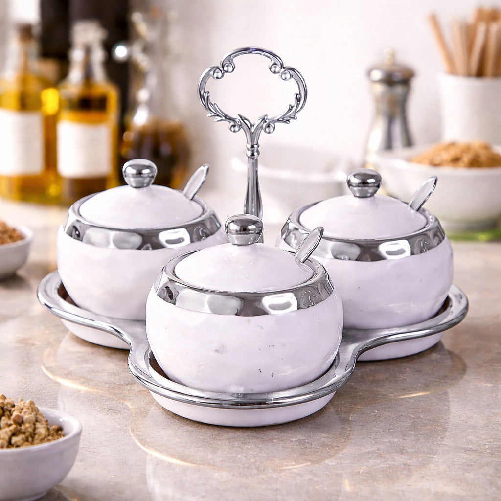 Marmeladen Set 3tlg Porzellan Gold/Silber + Löffel Gewürzbehälter Set Küche Deko