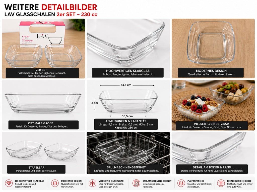 Glasschalen Snackschalen 2er Set 230ml Dessertschalen Servierschalen