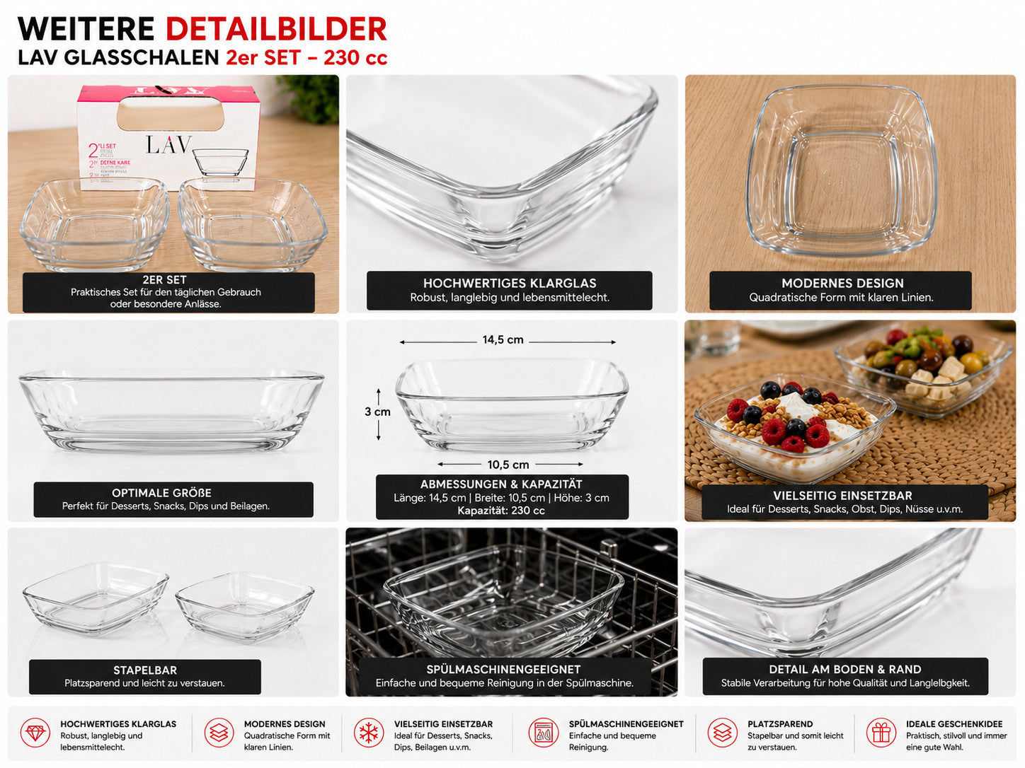 Glasschalen Snackschalen 2er Set 230ml Dessertschalen Servierschalen