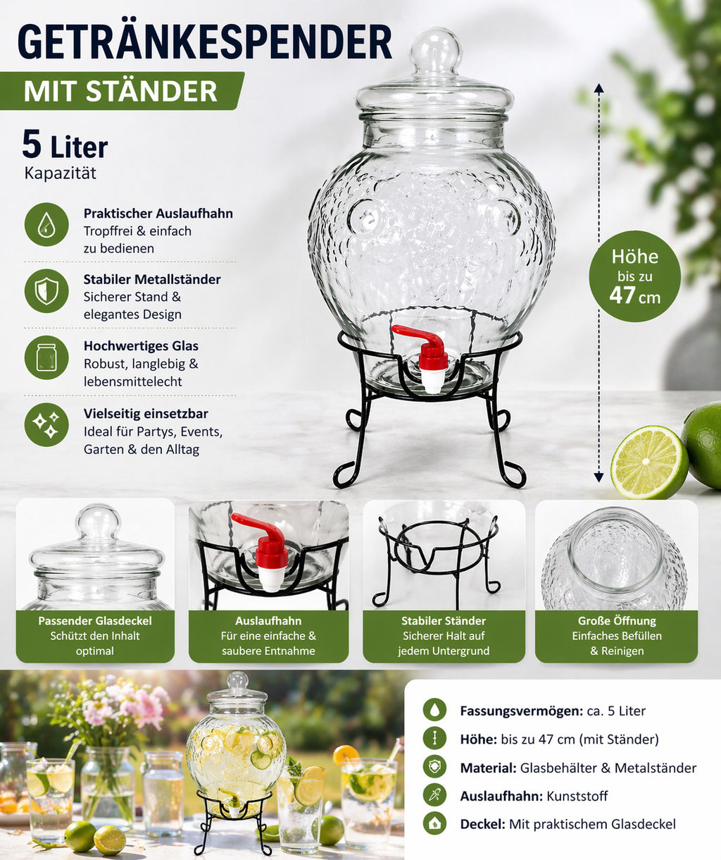 Getränkespender 5L mit Ständer Glas Zapfhahn Dispenser Saftspender Party DG-5050