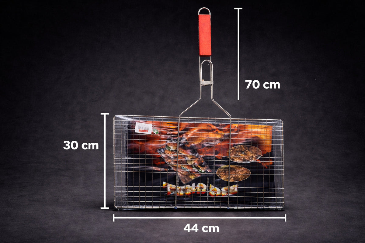 Doppel Grillkorb BBQ Edelstahl Mangal Teli Klein/Groß Fleisch mit Holzgriff