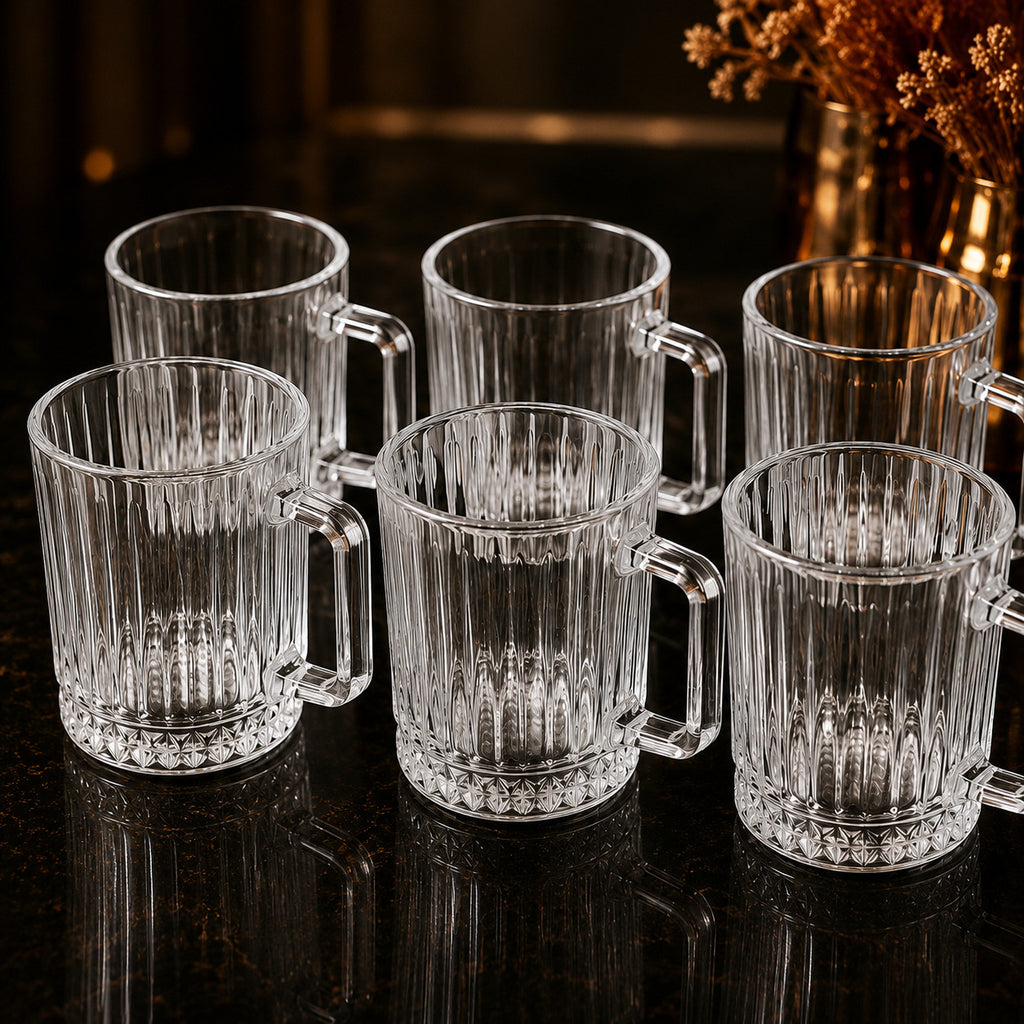 Gläser Set mit Henkel Kaffee Teegläser 6er Geriffelt Transparent 210ml
